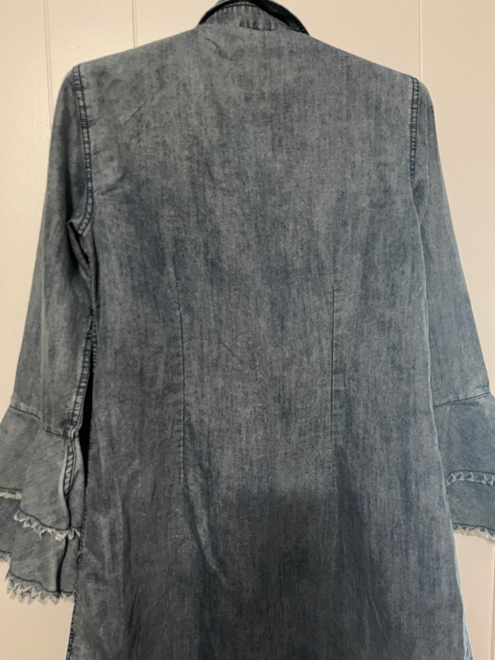 Washed Denim Midi Shirt Dress with Ruffle Sleeves - Blue - Picture 8 of 8